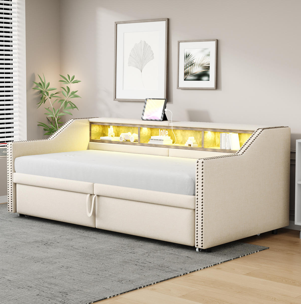 ČALÚNENÁ posteľ 90/180 x 200 cm s výsuvným lôžkom, úložnými priehradkami, LED osvetlením a USB portom, Béžová - béžová, textil (102/74/214cm) - Redom