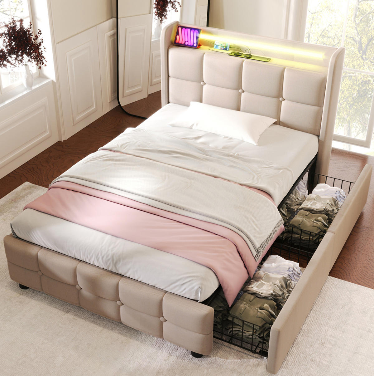 POLSTERBETT 90/200 cm mit USB, Steckdosen, LED-Beleuchtung, 2 Schubladen und Leinenbezug, Beige - Beige, Holz (90/90cm) - Redom