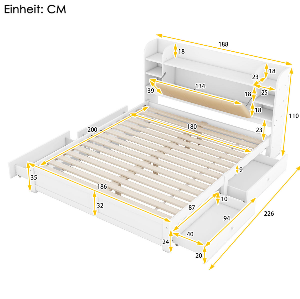 BETT 180/200 cm mit aufklappbarem Kopfteil, 4 Schubladen und Stauraum aus Kiefern, Weiß - Weiß, Holzwerkstoff (180/200cm) - Redom