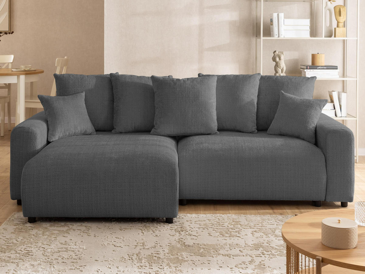 ECKSOFA Calma mit Schlaffunktion und Bettkasten im Bumpy-Design aus weichem Grau Chenille-Stoff - Ottomane links - Beige/Schwarz, Holz/Kunststoff (140/239cm) - S-Style Möbel