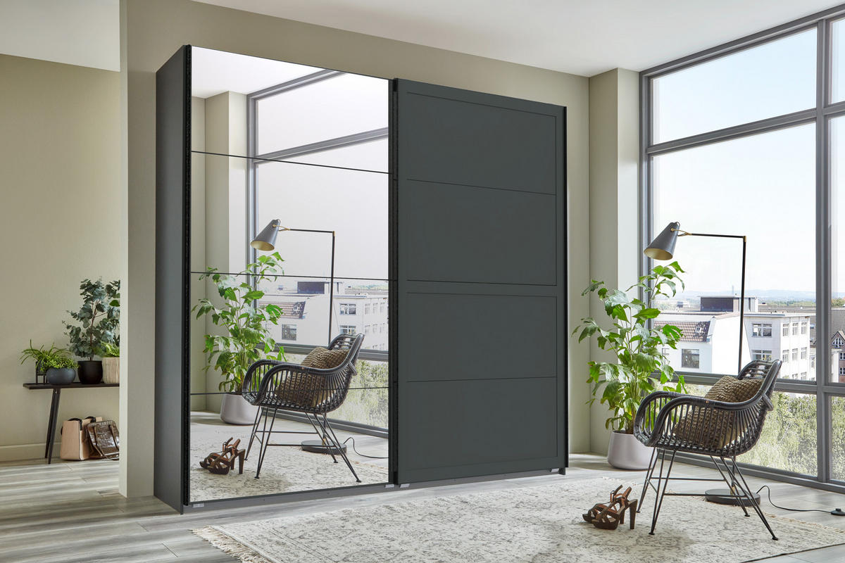 KLEIDERSCHRANK Chalet in Grafit - Schwebetürenschrank 180 cm (mit Spiegel) - Grau, Holzwerkstoff (180/208/65cm)