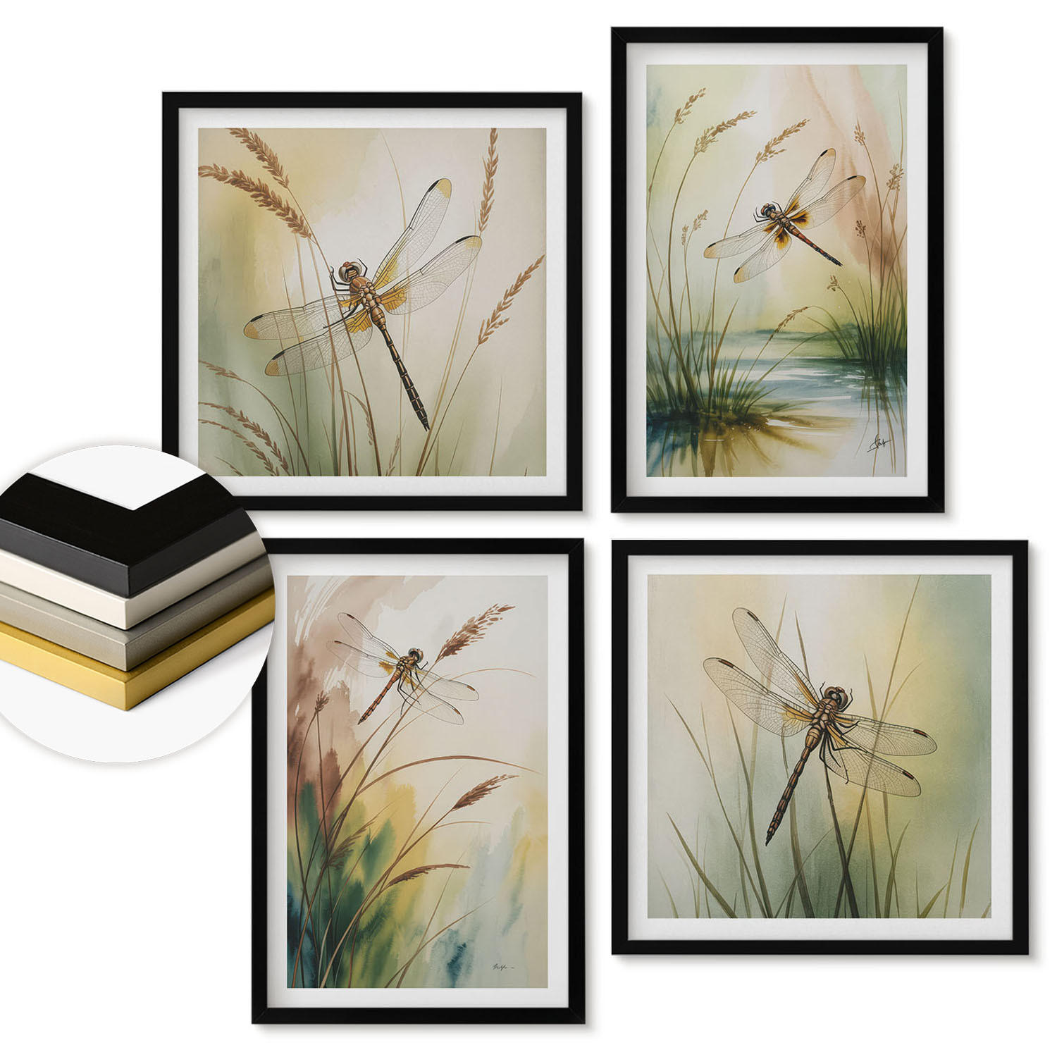 WANDBILDER 4er-Set - 50x50 cm & 40x60 cm Schwarzer Rahmen - Libellen im Gras, Wassermalerei - Schwarz, Kunststoff (50/50cm) - ArtPrintCave