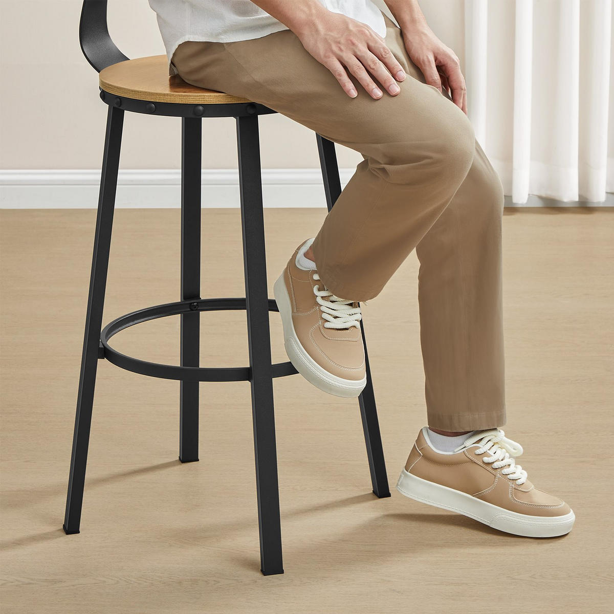 BARHOCKER Holzoptik Metall Honigbraun Schwarz 2er Set mit Rückenlehne 99x54,5x54,5 cm - Schwarz/Honig, Holzwerkstoff/Metall (37/99/55cm) - Begryf