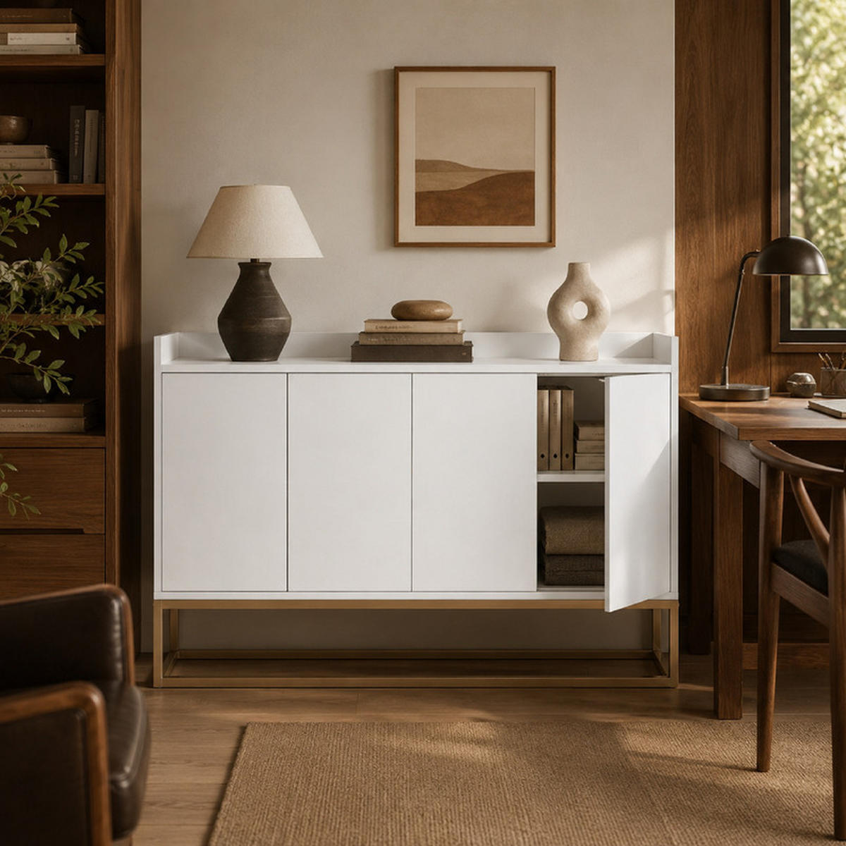 SIDEBOARD weiß 120x30x80 cm mit 4 Türen und goldfarbenem Metallgestell - Weiß, Holzwerkstoff (30/80/120cm) - SHOPENTRA