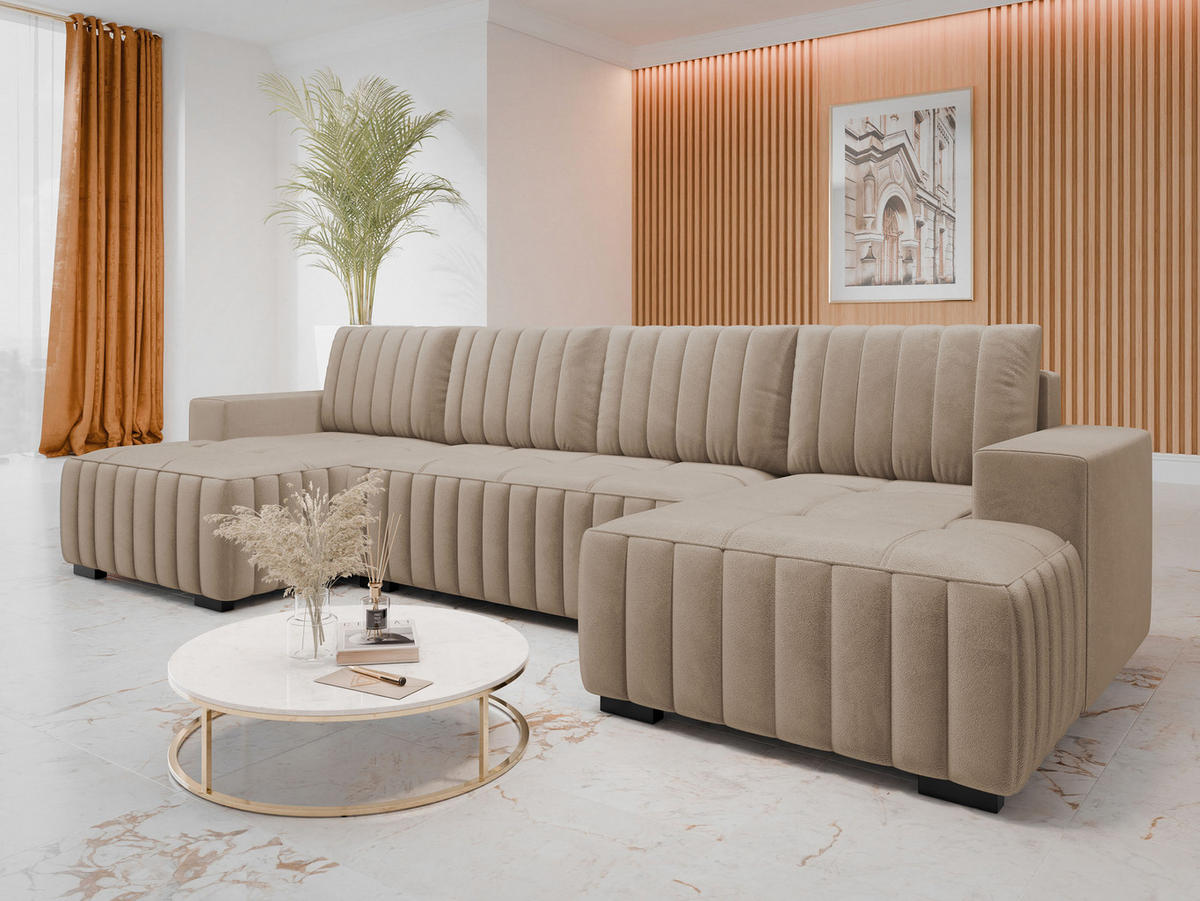 WOHNLANDSCHAFT Hugo U - Hellbraun/Braun, Holz/Textil (310/85/140cm) - MIRJAN24