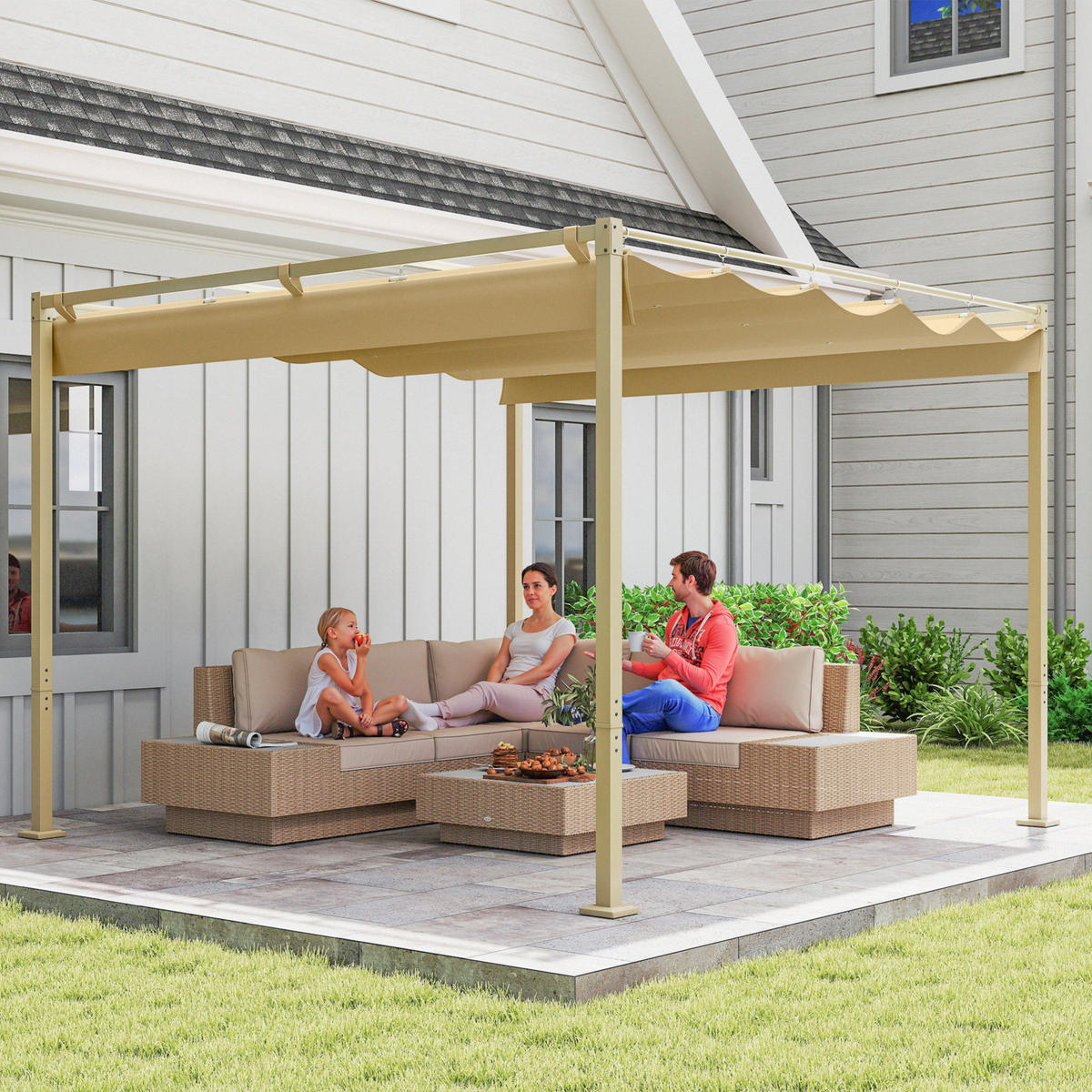 3 x 3 m Garten-Pergola mit einziehbarem Dach, Pavillon, Baldachin für Schatten, UPF30+, Khaki - Gelb, Metall (298/221/297cm)