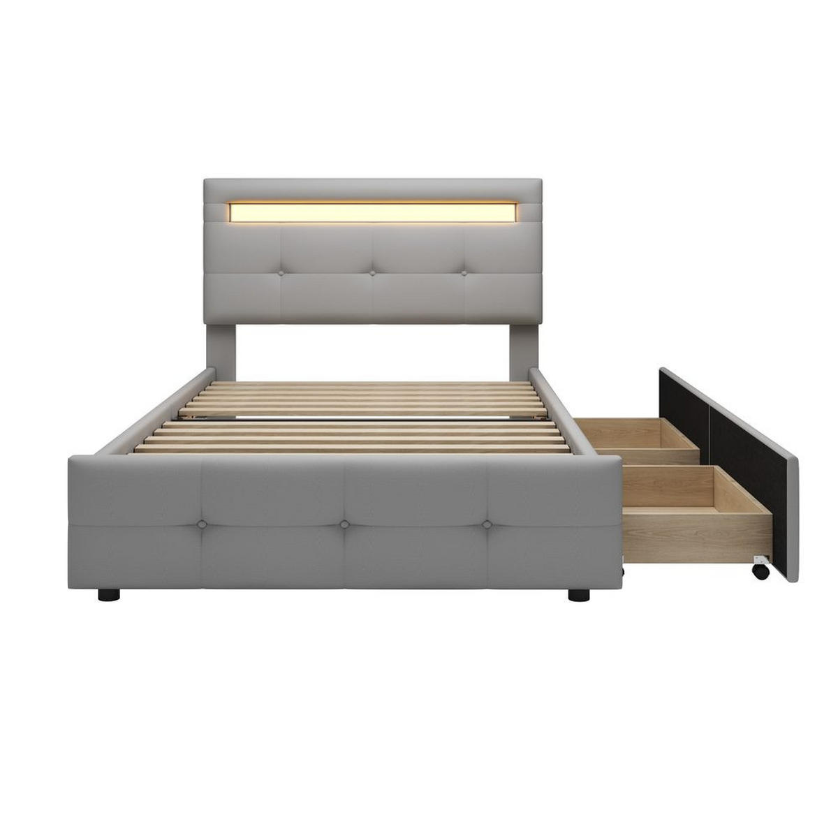 BETT 90x200 GRAU, LED, 2 SCHUBLADEN, LEINEN - Grau, Holzwerkstoff (90/200cm)