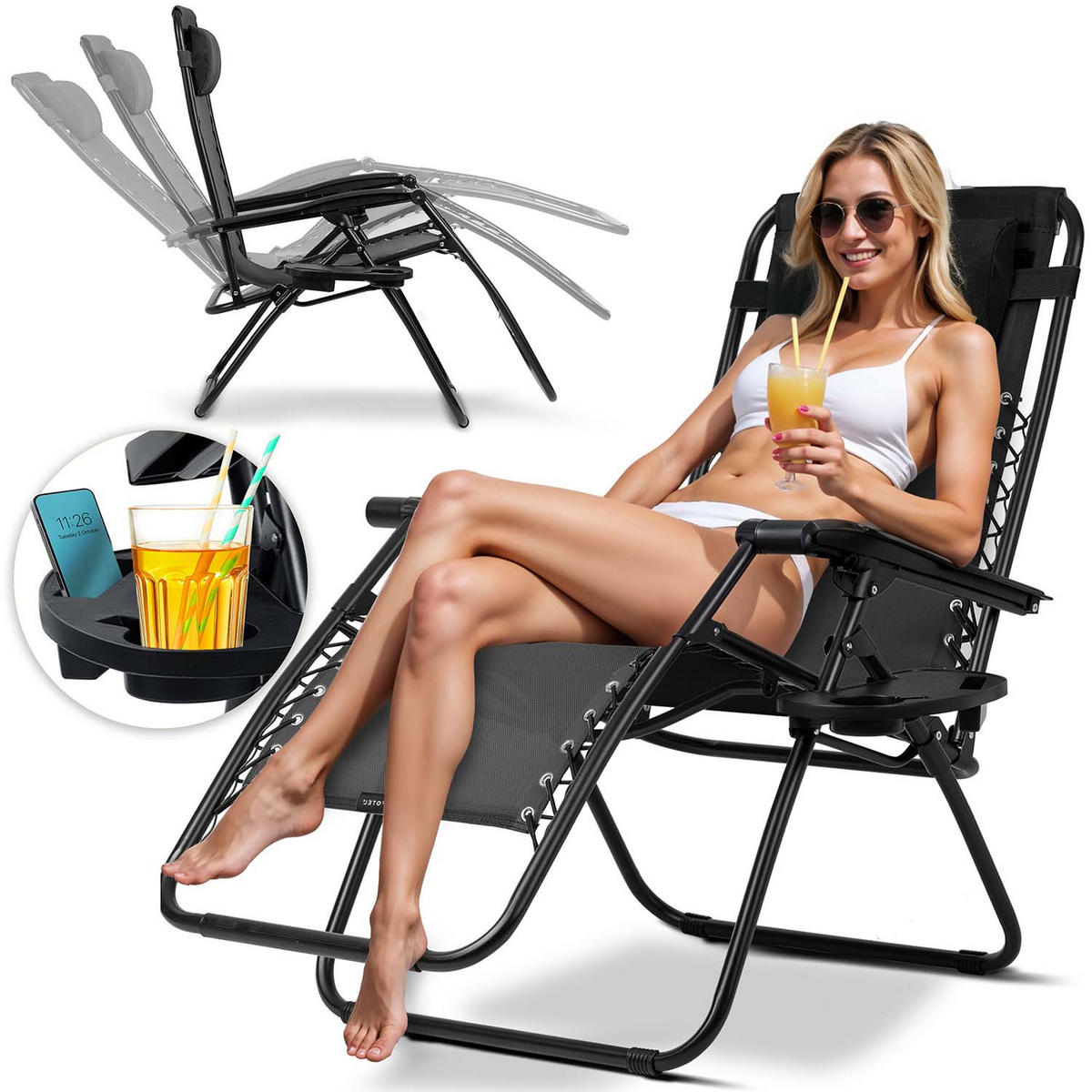 GARTEN-RELAXSESSEL Klappbarer mit Kissen, Schwarz - Schwarz, Metall (60/102/110cm)