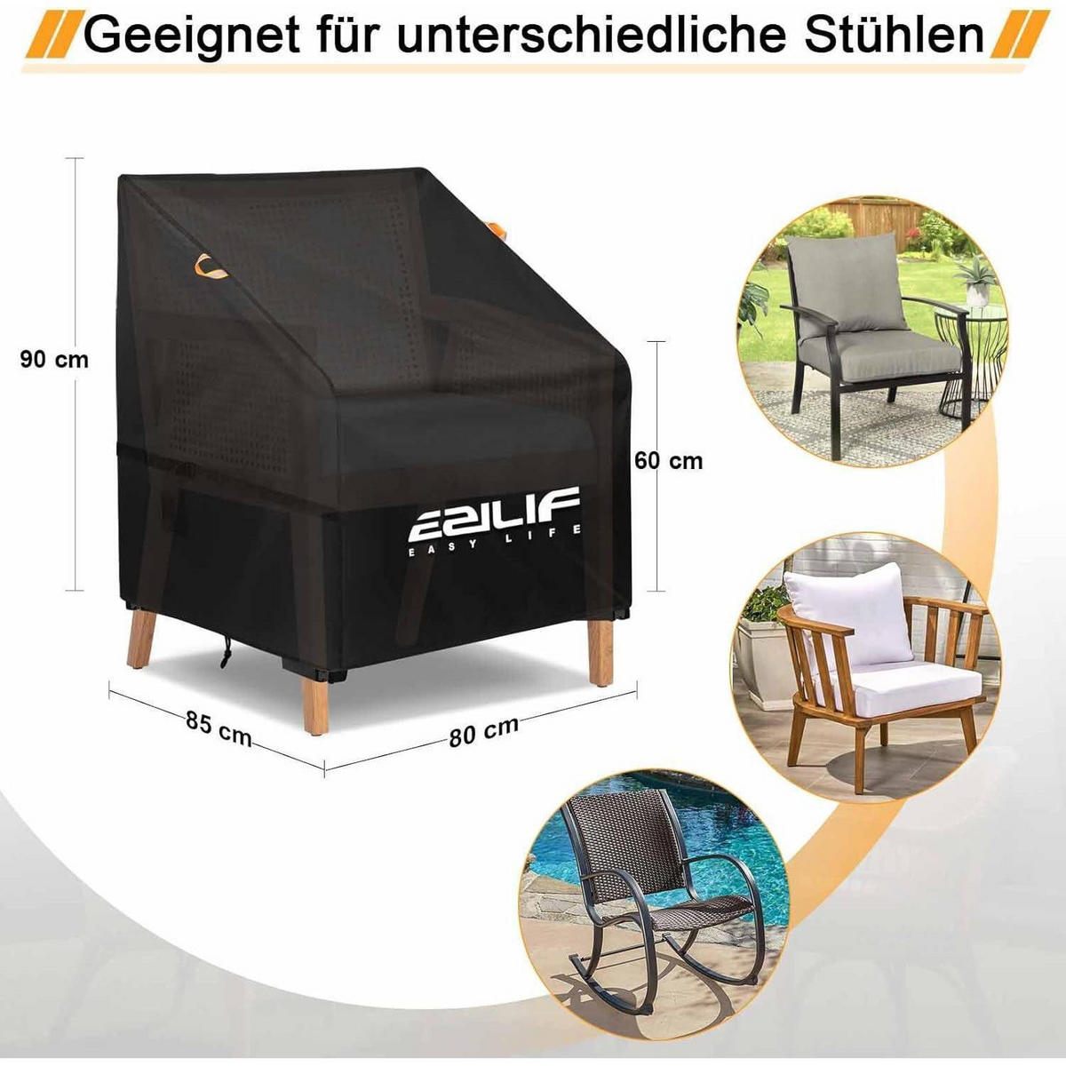 GARTENSTUHL Abdeckung 420D Oxford 80 x 85 x 60/90 cm Wasserdicht - Schwarz, Textil (80/90/85cm)
