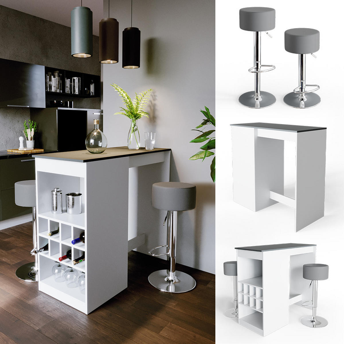 BARTISCH-SET Ross Weiß/Anthrazit 115 x 50 cm mit 2 Barhockern - Anthrazit/Weiß, Holzwerkstoff (115/104.6/50cm) - Vicco