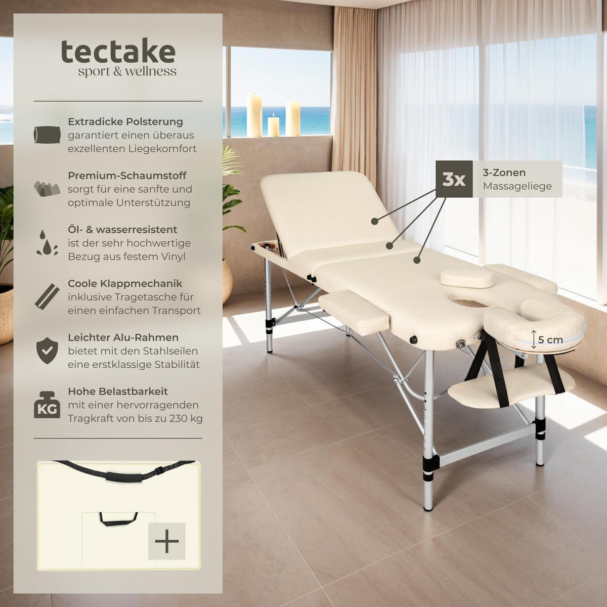 MASSAGELIEGE 3 Zonen, 210 x 95 x 90 cm,beige - Beige, Metall (61/68/180cm) - tectake