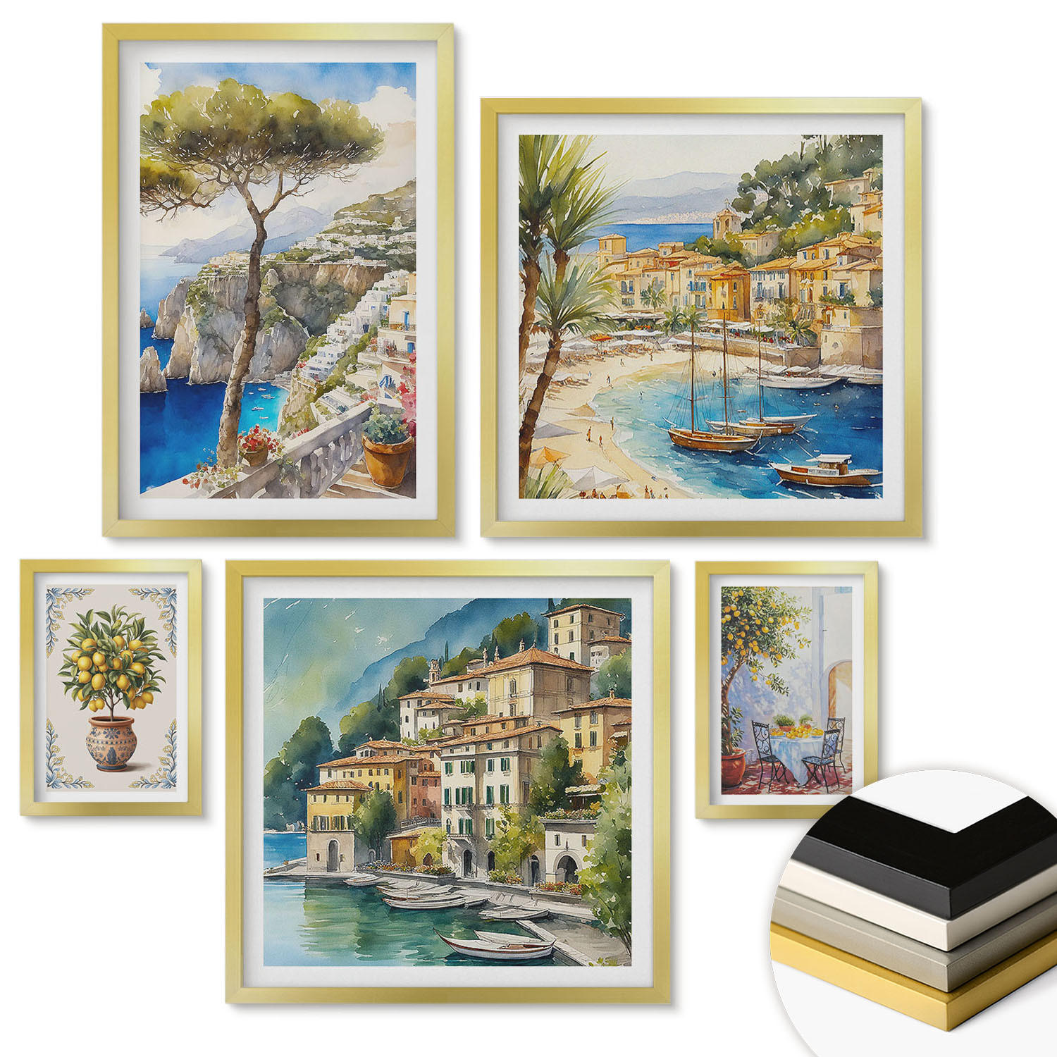 WANDBILDER 5er Set - 50x50 cm & 20x30 cm & 40x60 cm Goldrahmen - Monochromatische Brückentürme - Goldfarben, Kunststoff (40/60cm) - ArtPrintCave