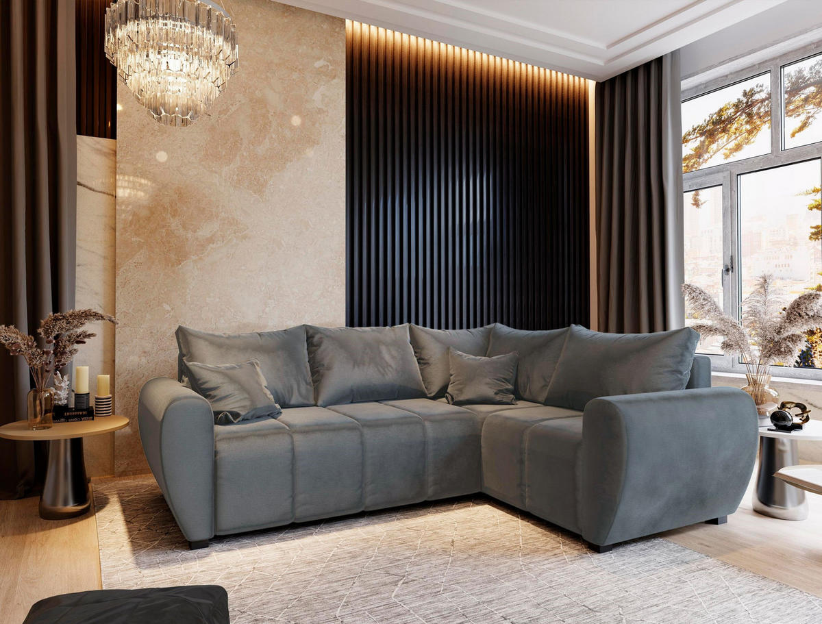 ECKSOFA MADISON L R-S Grau Plüsch-Stoff mit Schlaffunktion - Grau, Holz (235/175cm) - MASSENO