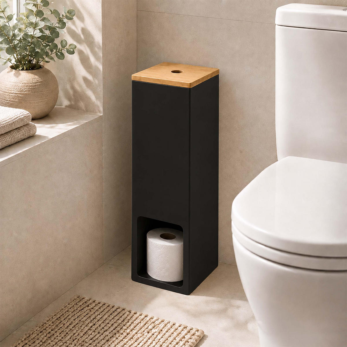 SUPORT-ROLE Natural negru bambus pentru 4 role - negru, compozit lemnos/lemn (14/46.5/14cm) - Relaxdays