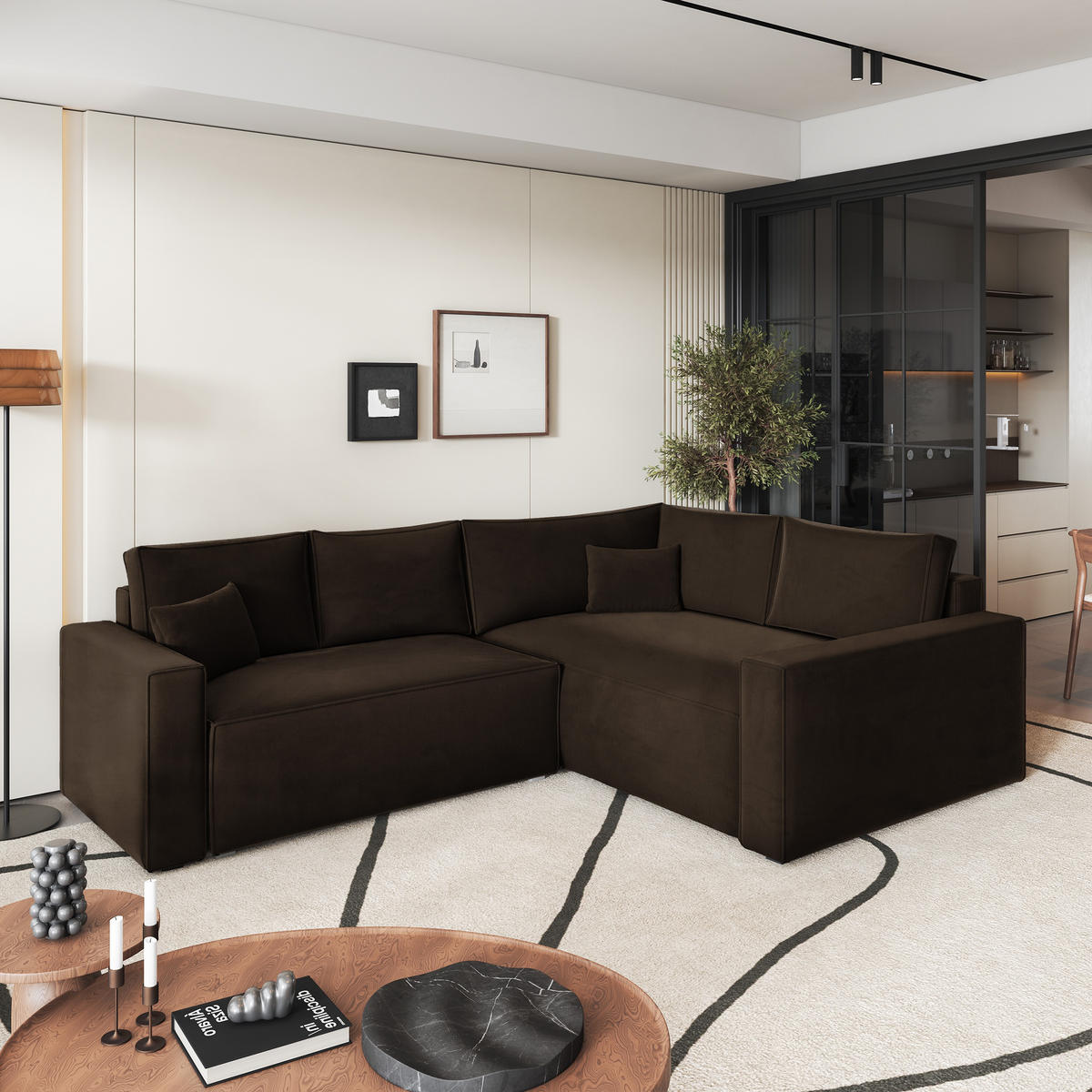 ROHOVÁ SEDAČKA ERONIS hnědá - šedá/hnědá, dřevo/textil (265/194cm) - MASSENO