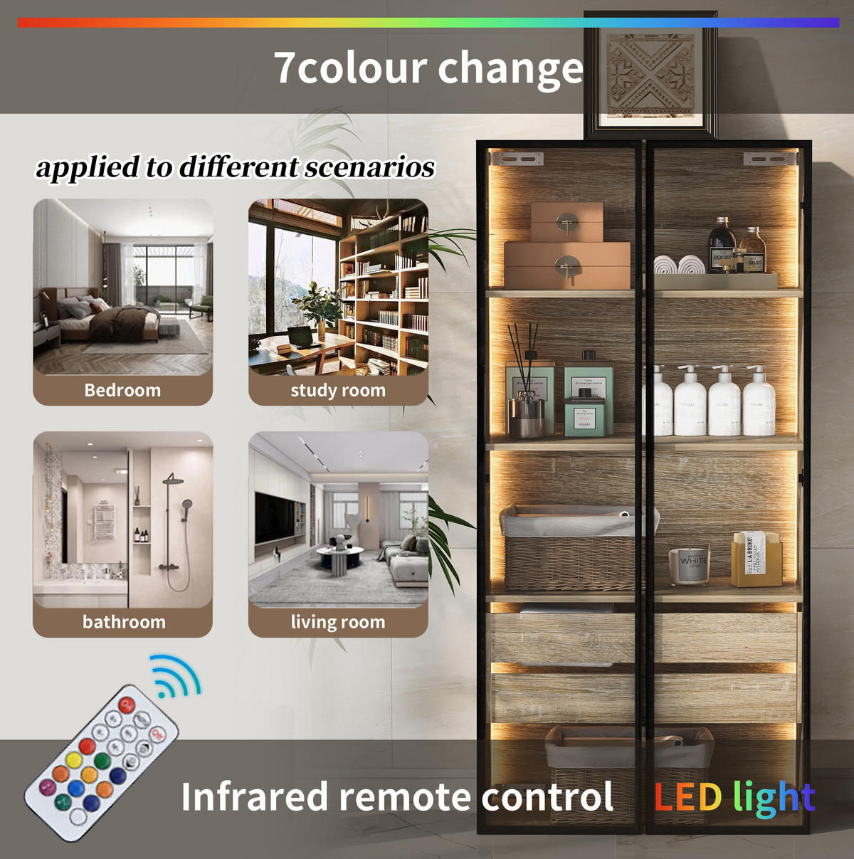 SCHRANK 2er-Set mit LED und Milchglastüren Natur - Naturfarben, Holzwerkstoff (36/155/74cm) - Beauniv
