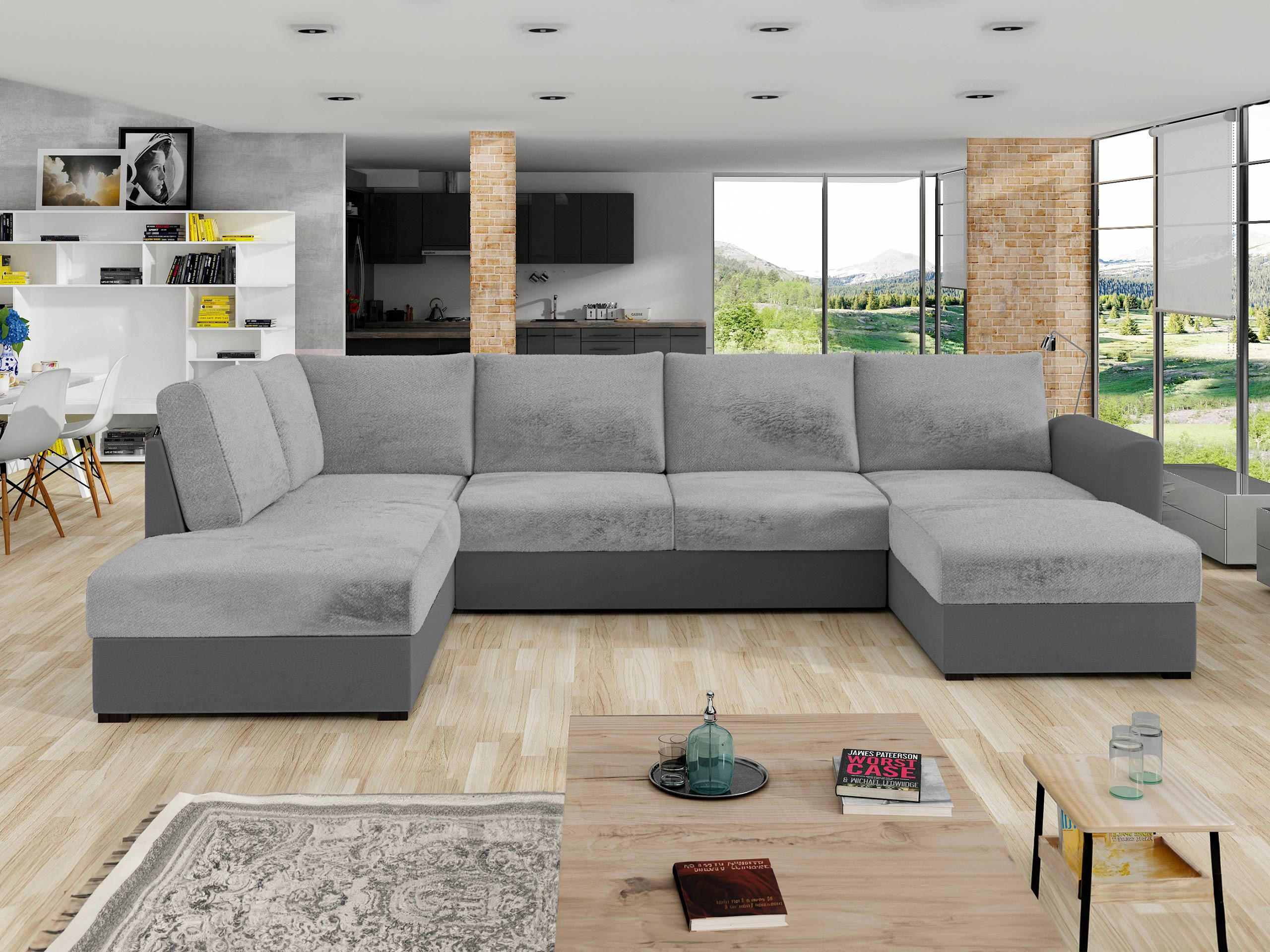 WOHNLANDSCHAFT Wilma Premium, Seite: Links - Hellgrau/Schwarz, Holz/Textil (305/85/188cm) - MIRJAN24