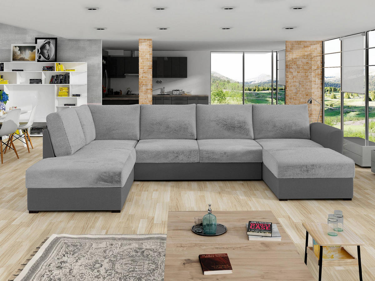 WOHNLANDSCHAFT Wilma Premium, Seite: Links - Hellgrau/Schwarz, Holz/Textil (305/85/188cm) - MIRJAN24