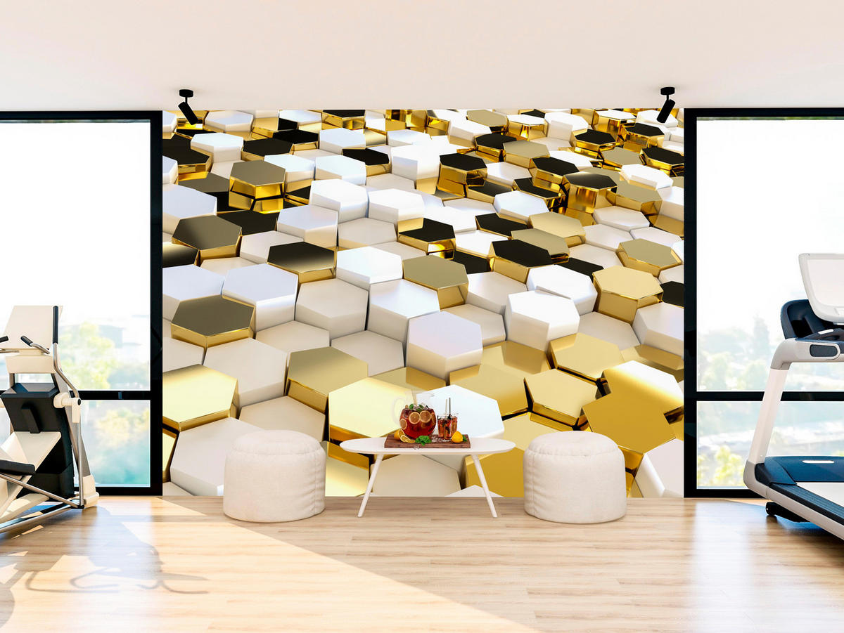 FOTOTAPETE für Büro Futuristisch Goldene Hexagone Formen Geometrie 500x350 - Gelb/Goldfarben, Papier (500/350cm) - Muralo