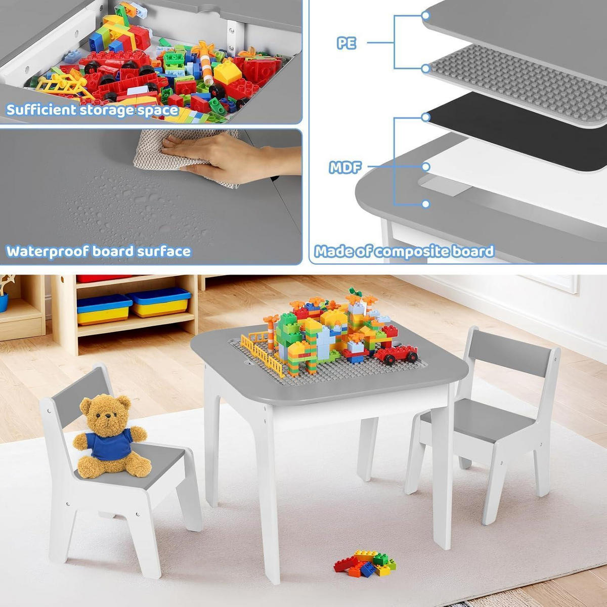 KINDERTISCH mit 2 Stühlen 4-in-1 Set Grau - Weiß, Holzwerkstoff (50/49/54cm)