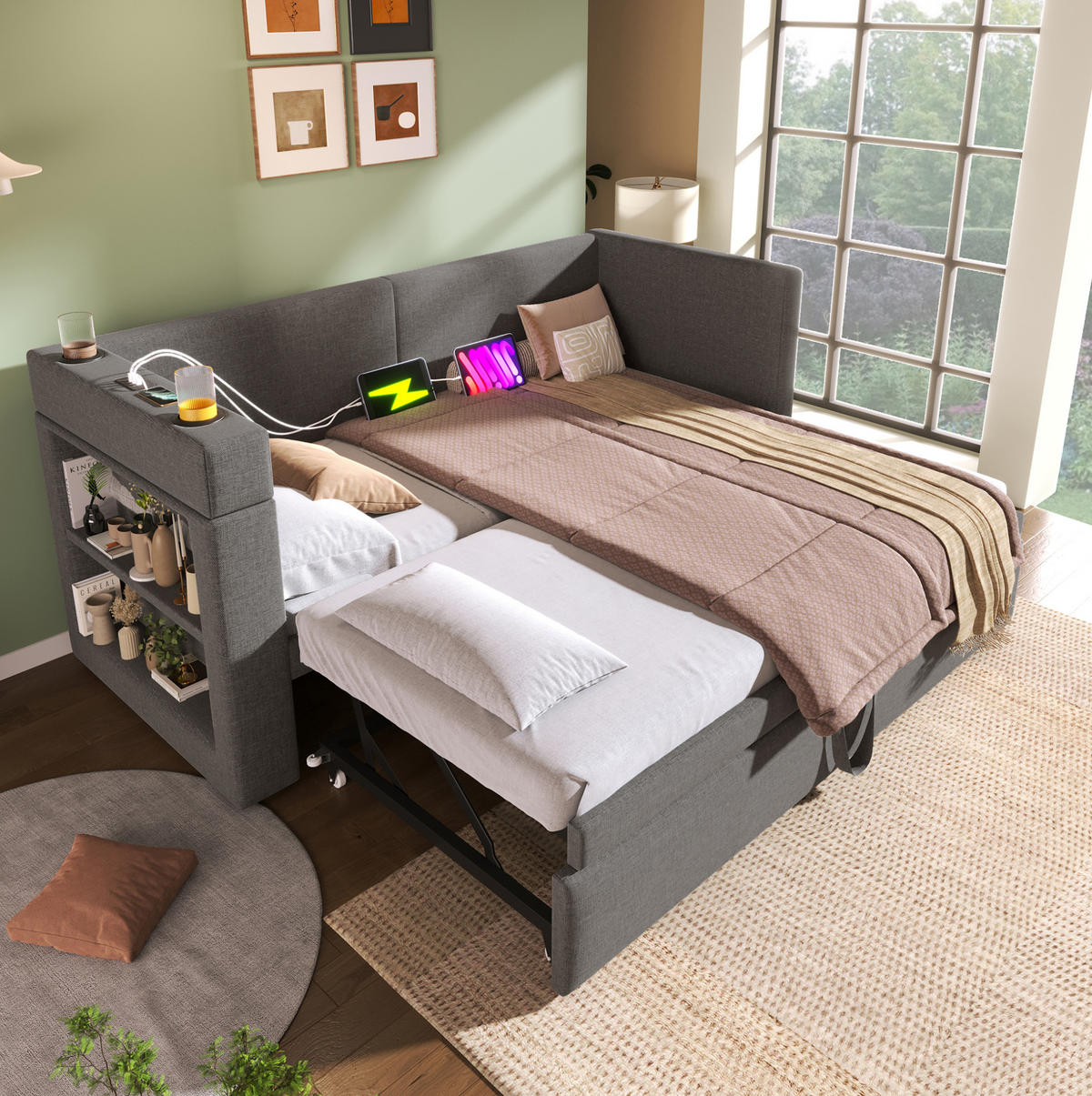 POLSTERBETT 90/200 cm mit Ausziehbett, USB- und Type-C-Anschluss sowie Getränkehalter, Grau - Grau, Textil (90/200cm) - Redom
