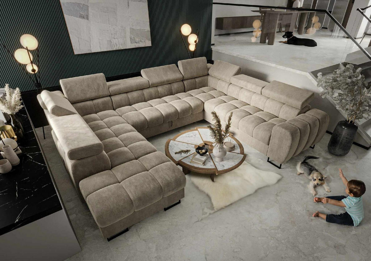 WOHNLANDSCHAFT Bastien Xl - Beige, Holzwerkstoff/Textil (265/95/350cm) - Fun Möbel