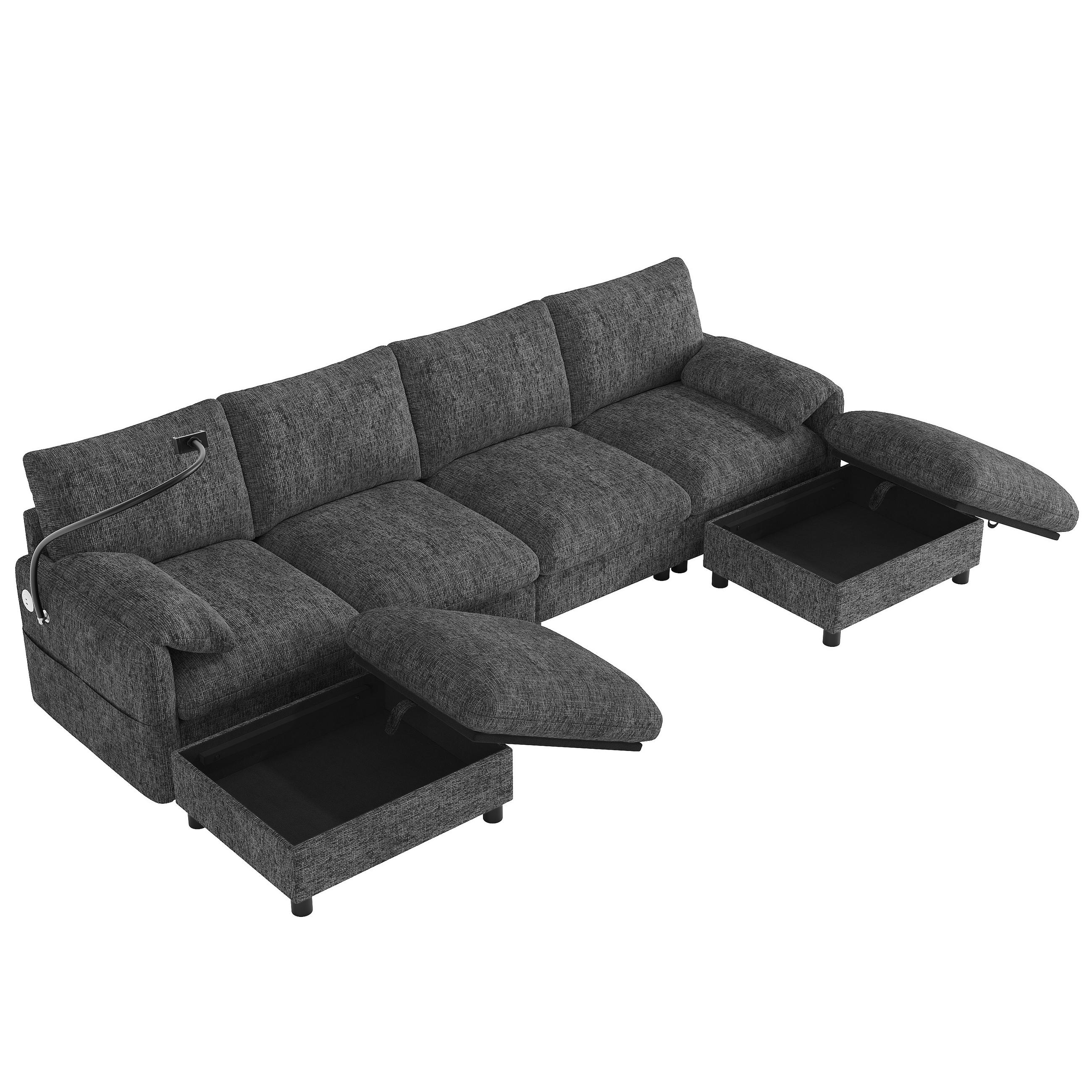 SCHLAFSOFA mit modularer U-/L-Form, 6 Sitzen, Stauraum-Hockern und USB Type-C - Grau, Textil (273.5/81/133cm) - EVRYAE