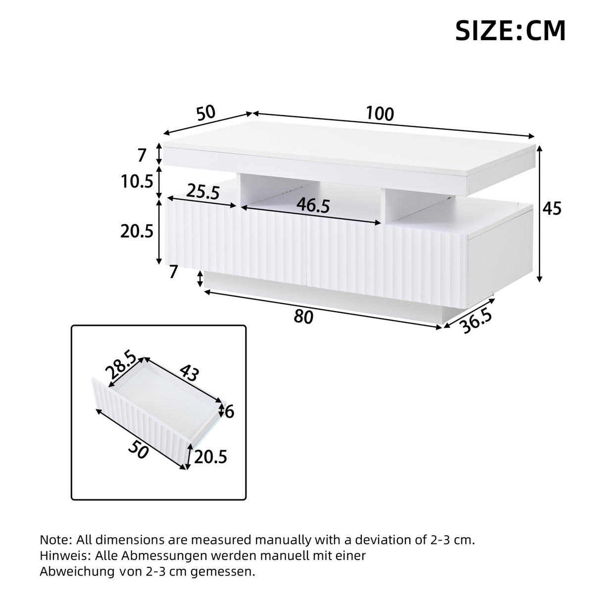 COUCHTISCH 100/50/45 cm mit 2 Schubladen, LED-Beleuchtung und offenem Fach aus Spanplatte, Weiß - Weiß, Holzwerkstoff (100/50/45cm) - Redom