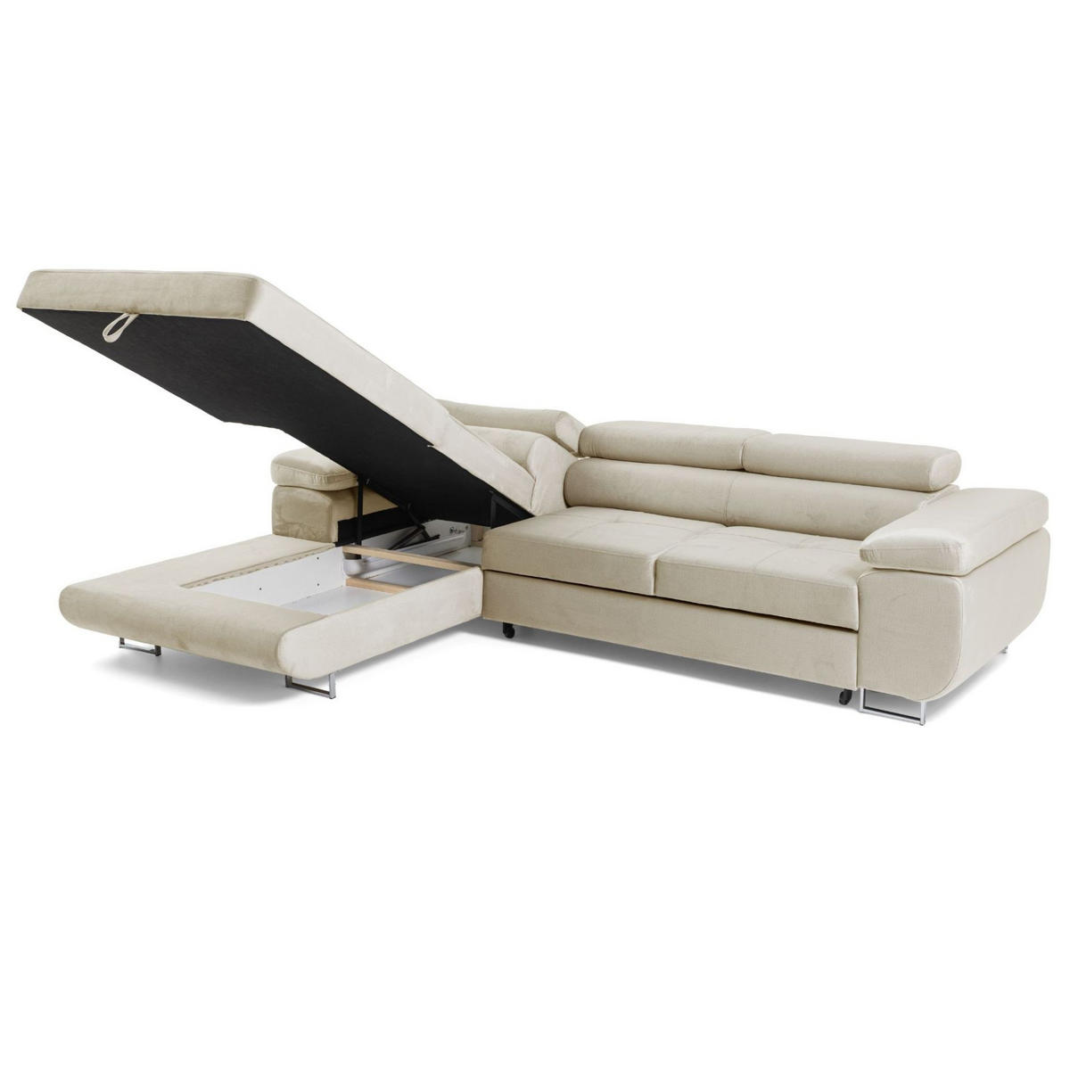 ECKSOFA ALONZO L Links mit Schlaffunktion 125x195 Velours Beige - Beige/Silberfarben, Holz/Textil (275/203cm) - Muffo
