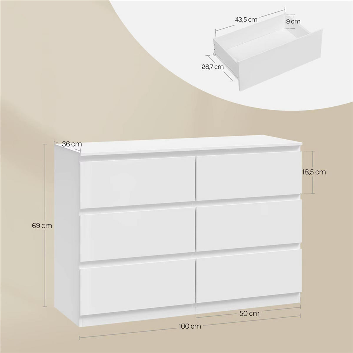 KOMMODE 6 Schubladen Sideboard weiß 100x69x36 cm - Weiß, Holz (100/69/36cm) - Kaket