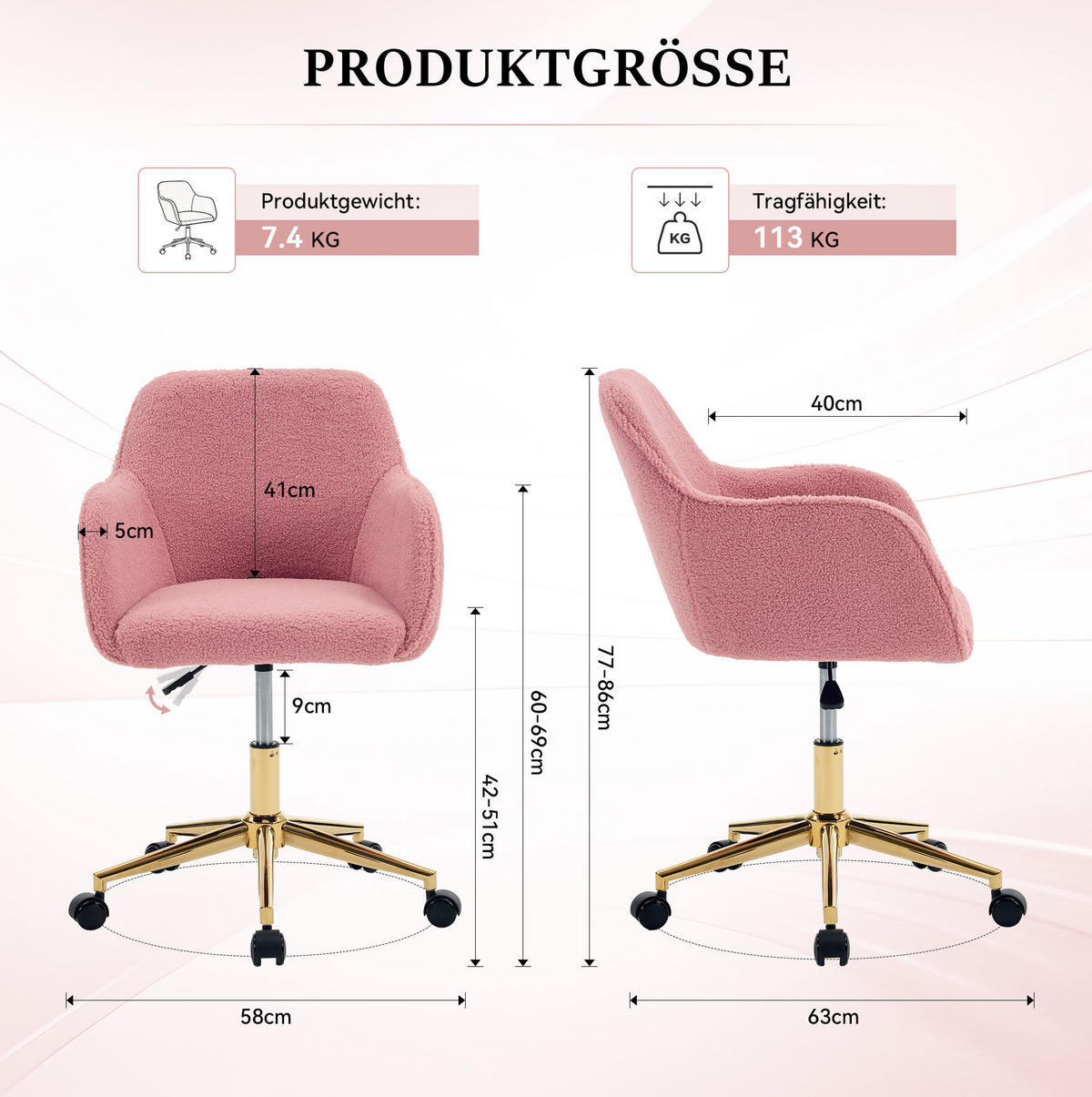 DREHSTUHL 58/58/86 cm pink aus Lammfell-Optik mit 360° Drehung - Pink, Textil (58/86/58cm) - OKWISH