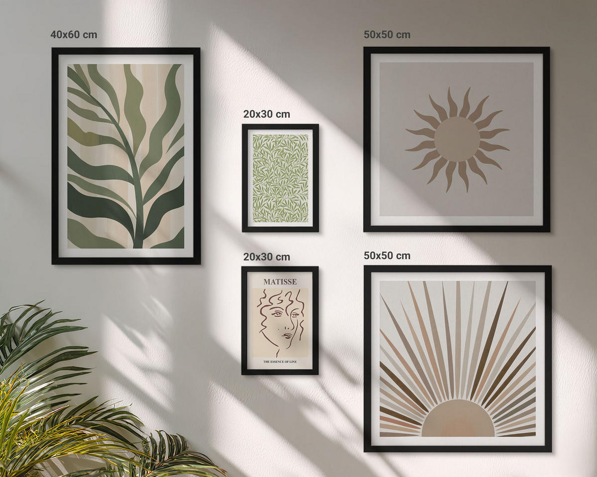 WANDBILDER 5er-Set - 50x50 cm & 20x30 cm & 40x60 cm Schwarzer Rahmen - Abstrakte Pflanzenmuster - Schwarz, Kunststoff (40/60cm) - ArtPrintCave