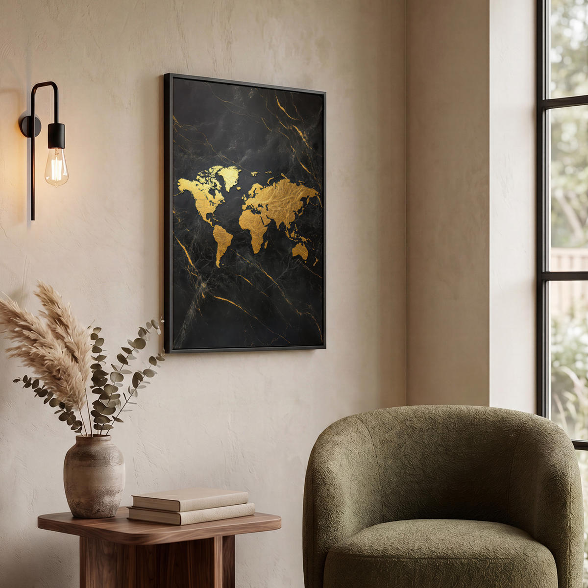 LEINWAND Bilder mit Rahmen - Weltkarte - Gold - Marmor - 60x80 - Goldfarben, Textil (60/80cm) - MuchoWow