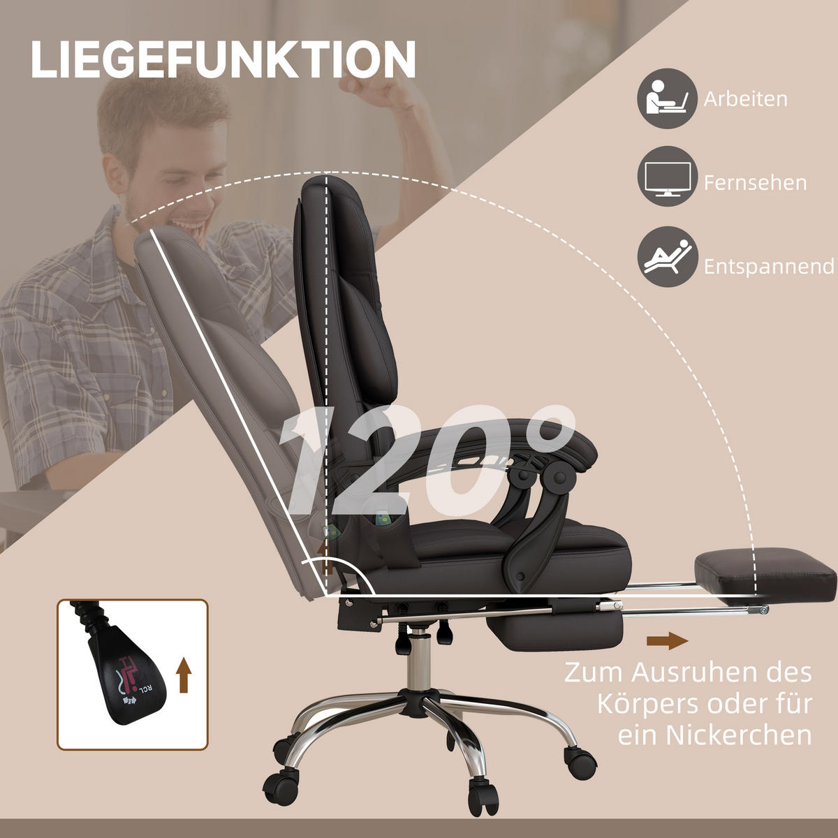 BÜROSTUHL mit Massagefunktion, Schwarz - Braun, Leder (57/126/63cm) - Vinsetto