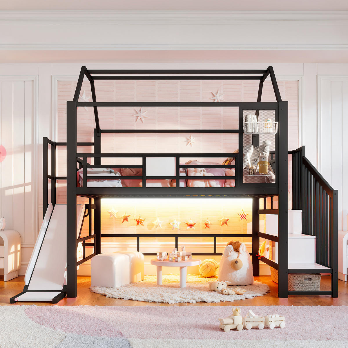 HOCHBETT 140/200cm mit Rutsche, LED/Treppe, Metall, Schwarz - Schwarz, Metall (140/200cm) - LVHOM