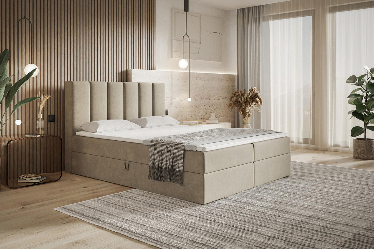 BOXSPRINGBETT 140x200 Foro, Samt, Matratze und Bettkasten, Beige - Beige, Holz/Textil (140/200cm) - Emporius