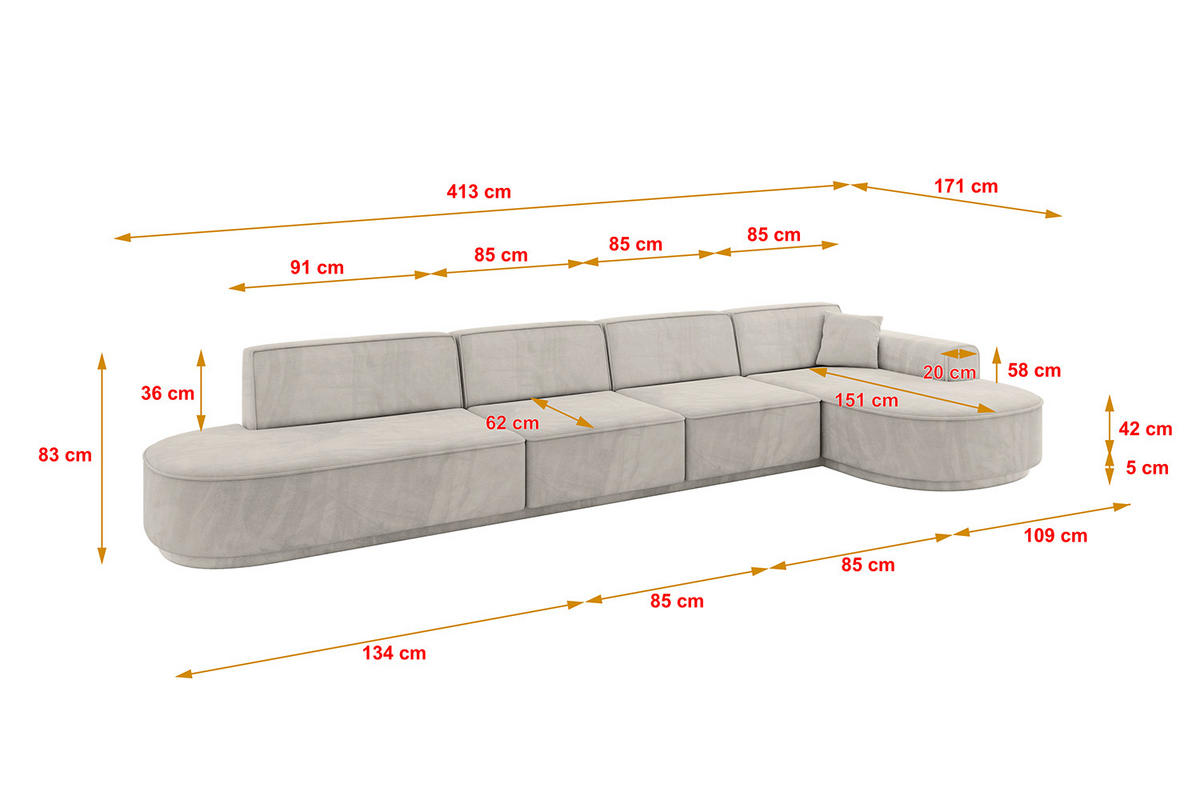 ECKSOFA Ottomane Rechts MARI-L3-v3 - 413x171x83 cm Hellbraun Velours - Hellbraun/Schwarz, Holzwerkstoff/Kunststoff (171/413cm) - ALTDECOR