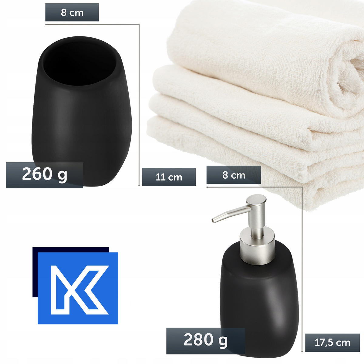 BADEZIMMERSET SEIFENSPENDER + Badezimmerbecher-Set, schwarz - Schwarz, Keramik (8/11cm) - KADAX