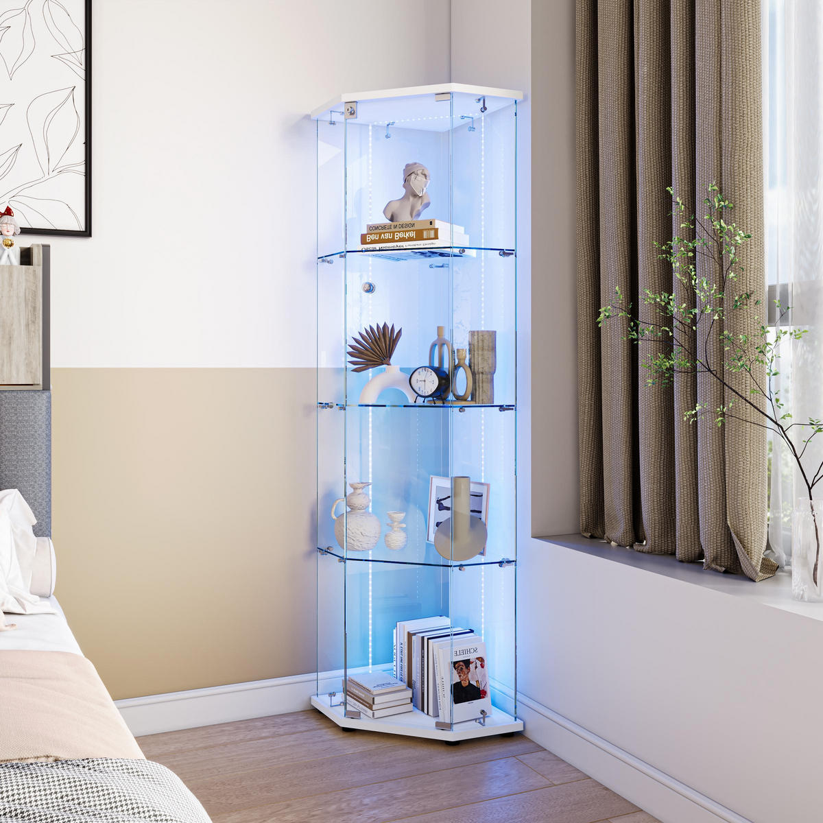 VITRINE mit RGB LED Beleuchtung - Eckvitrine mit 4 Ebenen und 1 Glastür - Glaskvitrine mit Schloss - Weiß - Weiß, Glas (60/162/42.5cm) - DELFA