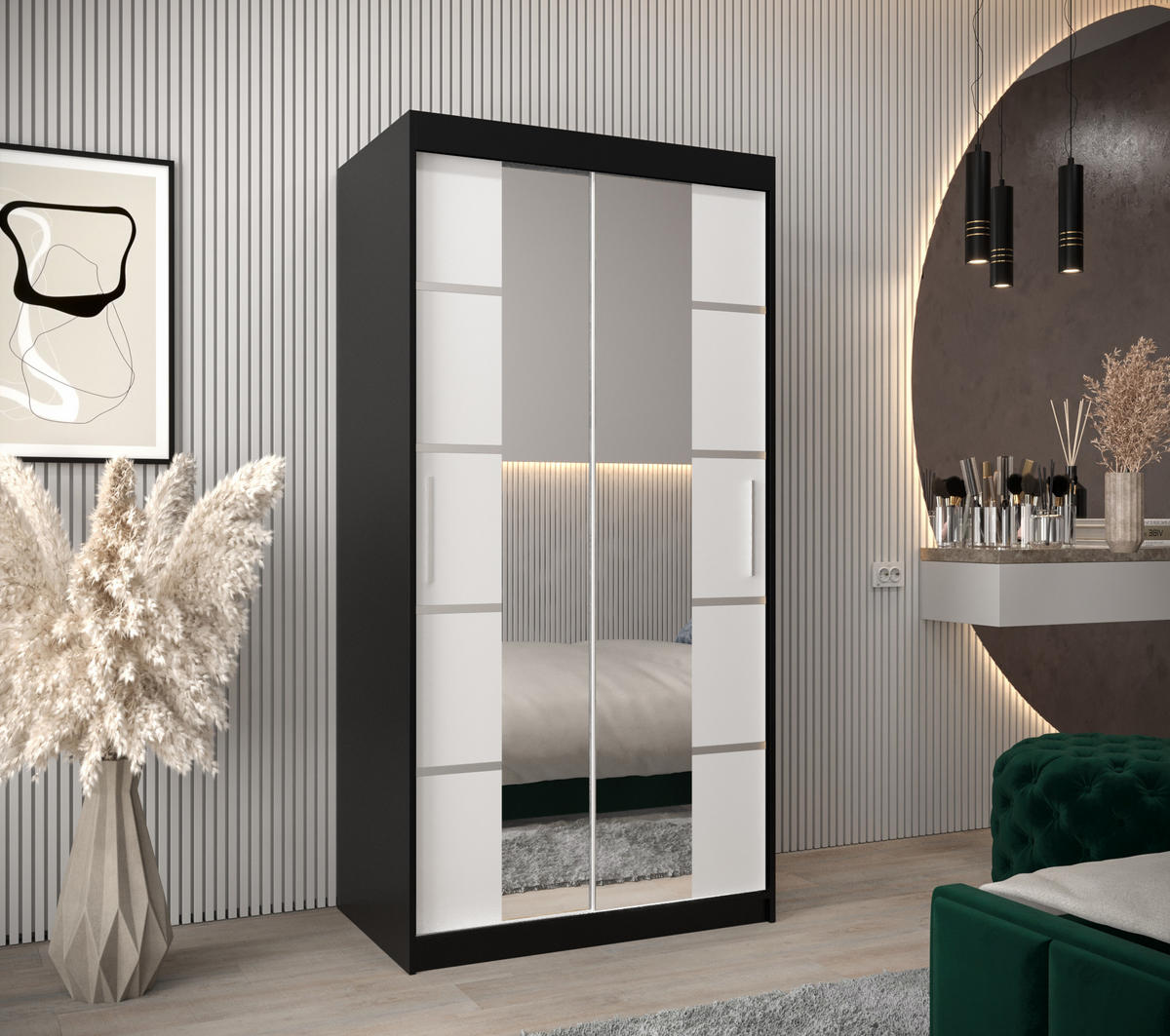 SCHWEBETÜRENSCHRANK 200/100/62 2-türig - Silberfarben/Schwarz, Holz/Kunststoff (100/200/62cm) - Abiks Möbel