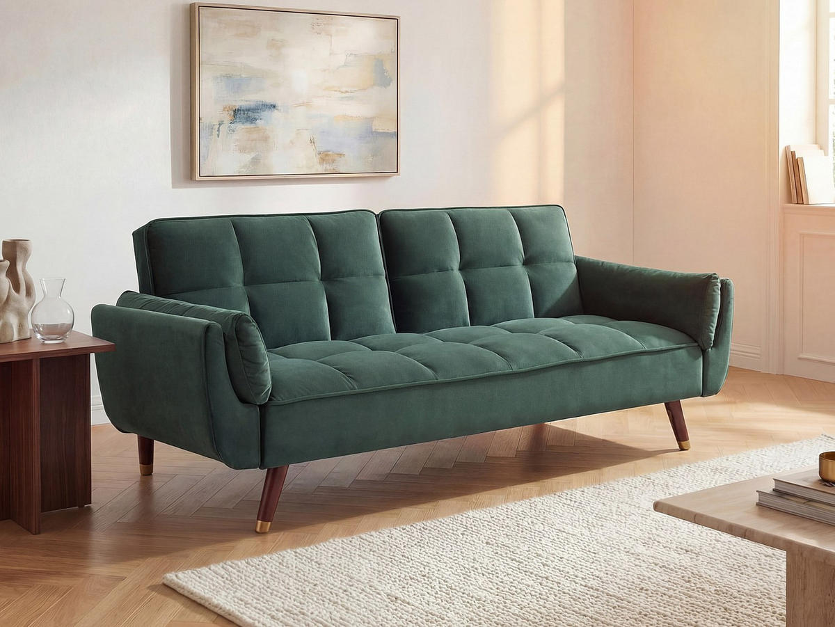 SCHLAFSOFA - 3 Personen - Samt, Stoff - Grün - - Grün, Textil (211/82/90cm) - Vente-Unique