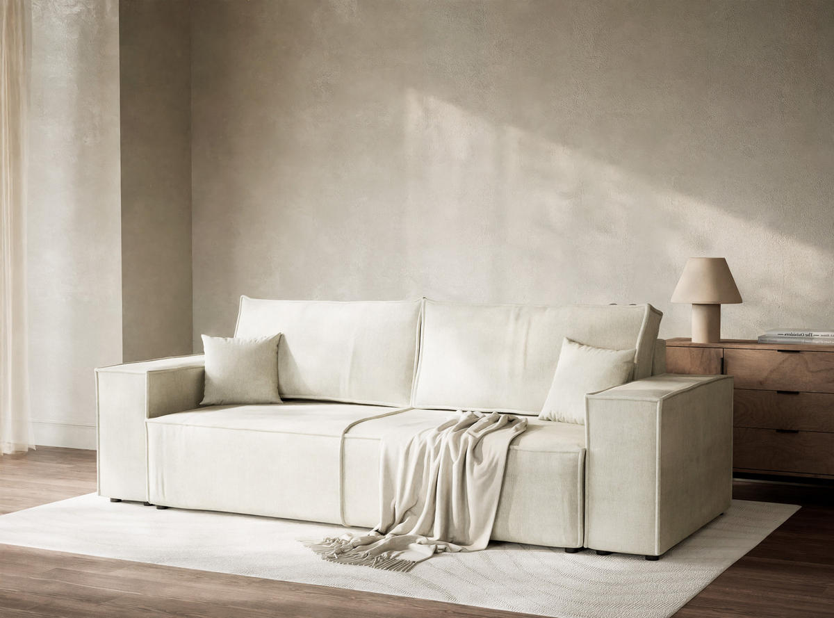 SOFA MIT SCHLAFFUNKTION Milos Creme Webstoff - Creme/Schwarz, Holz/Holzwerkstoff (255/70/105cm) - Maison de Reve