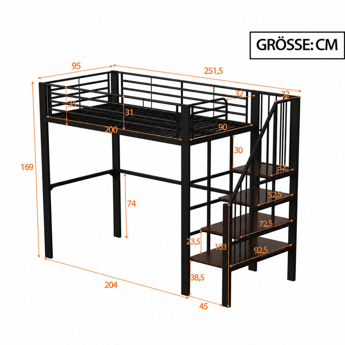 HOCHBETT 90/200 cm Schwarz mit geräumigem Stauraum und Stauraumtreppe - Schwarz, Metall (90/200cm) - Oxeza