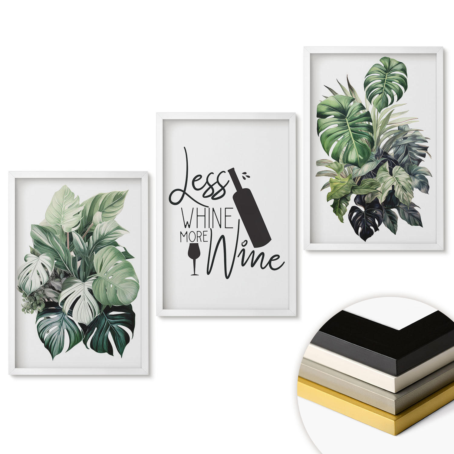 WANDBILDER 3er-Set - 40x60 cm Weißer Rahmen - Blätter der weinroten grünen Pflanze - Weiß, Kunststoff (40/60cm) - ArtPrintCave