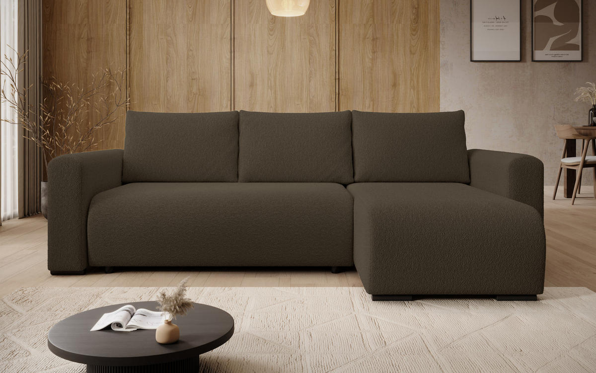 ECKSOFA DORA L, Eckcouch in L-Form mit Schlaffunktion und Bettkasten, Farbe: Dunkelbraun, Bouclé-Stoff, Ottomane Rechts - Dunkelbraun, Textil (240/143cm) - Storez24