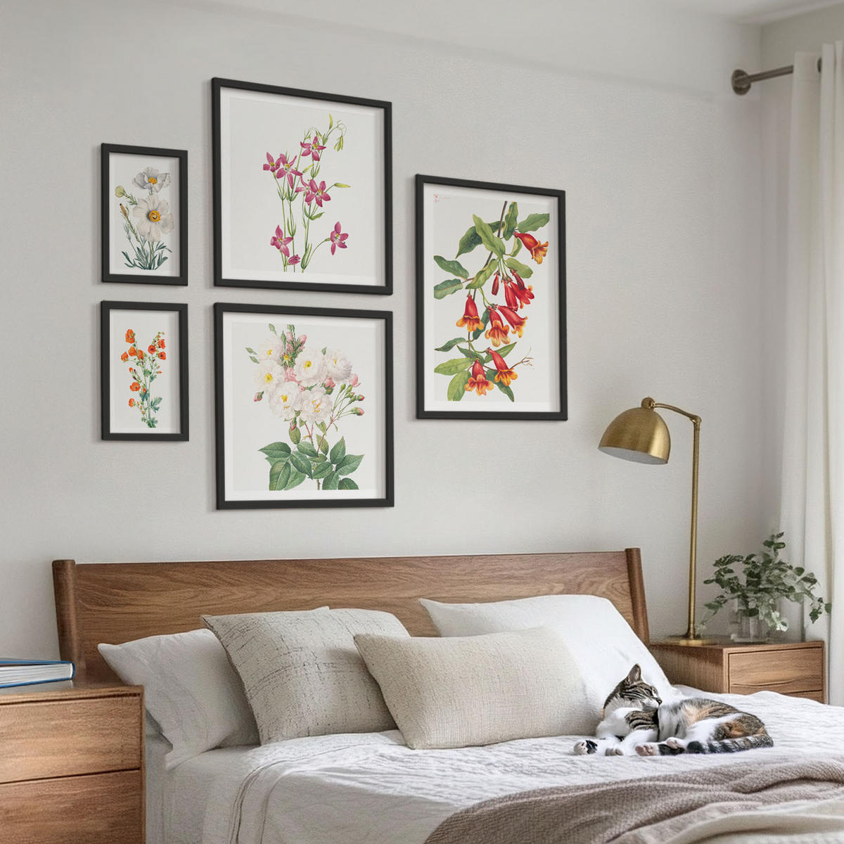 BILDER SET 5er Set - 50x50 cm & 20x30 cm & 40x60 cm Schwarzer Rahmen - Retro-Blumenmalerei - Schwarz, Kunststoff (40/60cm) - TULUP