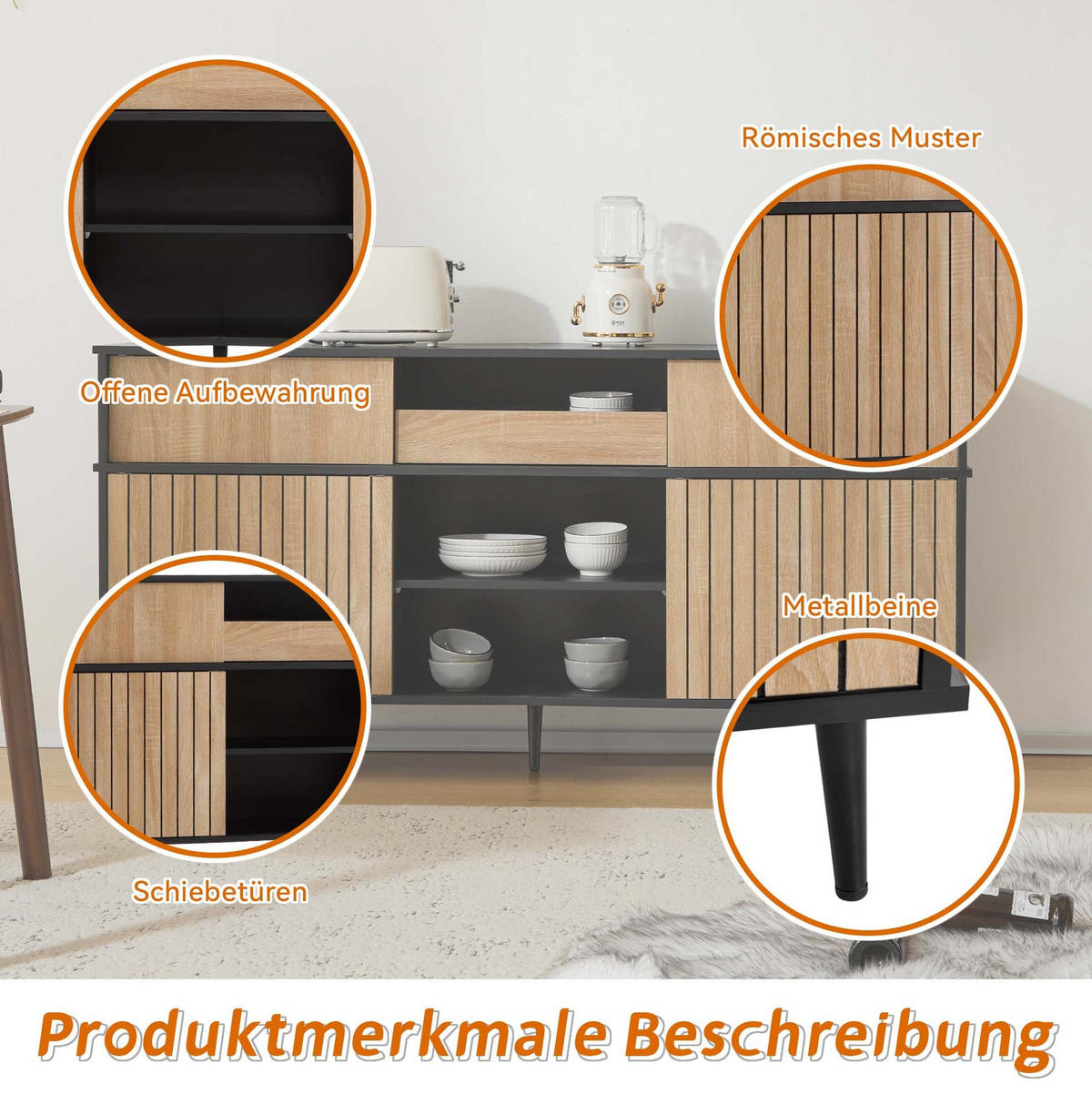 KOMMODE 160/40/80 cm aus Spanplatte mit 4 Schiebetüren und 1 Schublade Schwarz/Natur - Schwarz, Holzwerkstoff (160/80/40cm) - Modenvie