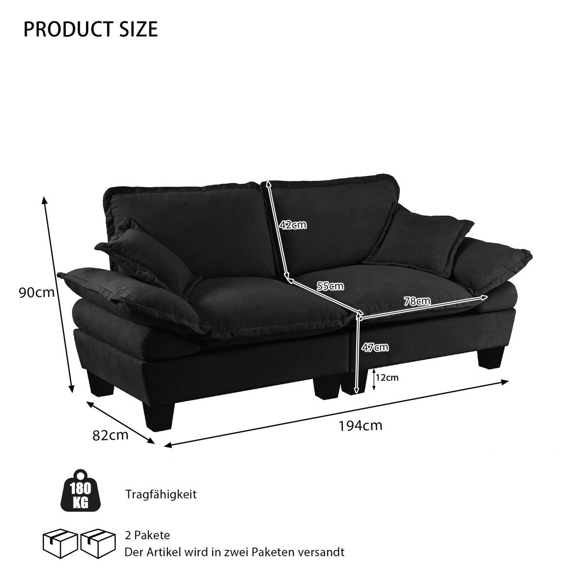 POHOVKA 194/82/90 cm černá z chenille s oblými područkami a měkkým polstrováním - černá, textil (82/90/194cm) - OKWISH