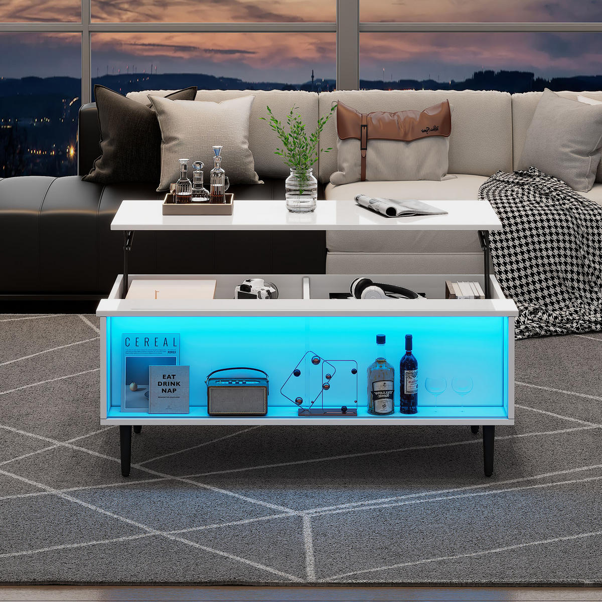 COUCHTISCH Weiß 105/50/43 cm mit Hebefunktion, Glasfront und LED-Beleuchtung - Weiß, Holzwerkstoff (50/105/43cm) - PANGIVO