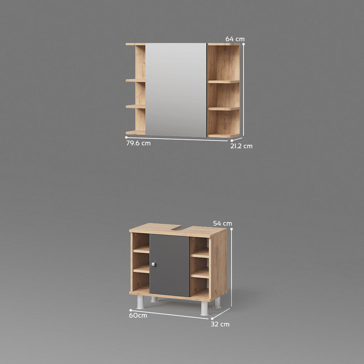 BADMÖBEL-SET Fucino Eiche 2 Teile - Eichefarben/Anthrazit, Holzwerkstoff (79/64/21cm) - Livinity®